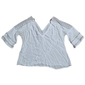 Zara Basic V‎ Neck Blouse Women's Size XS White Bell Sleeve Lace Trimmed